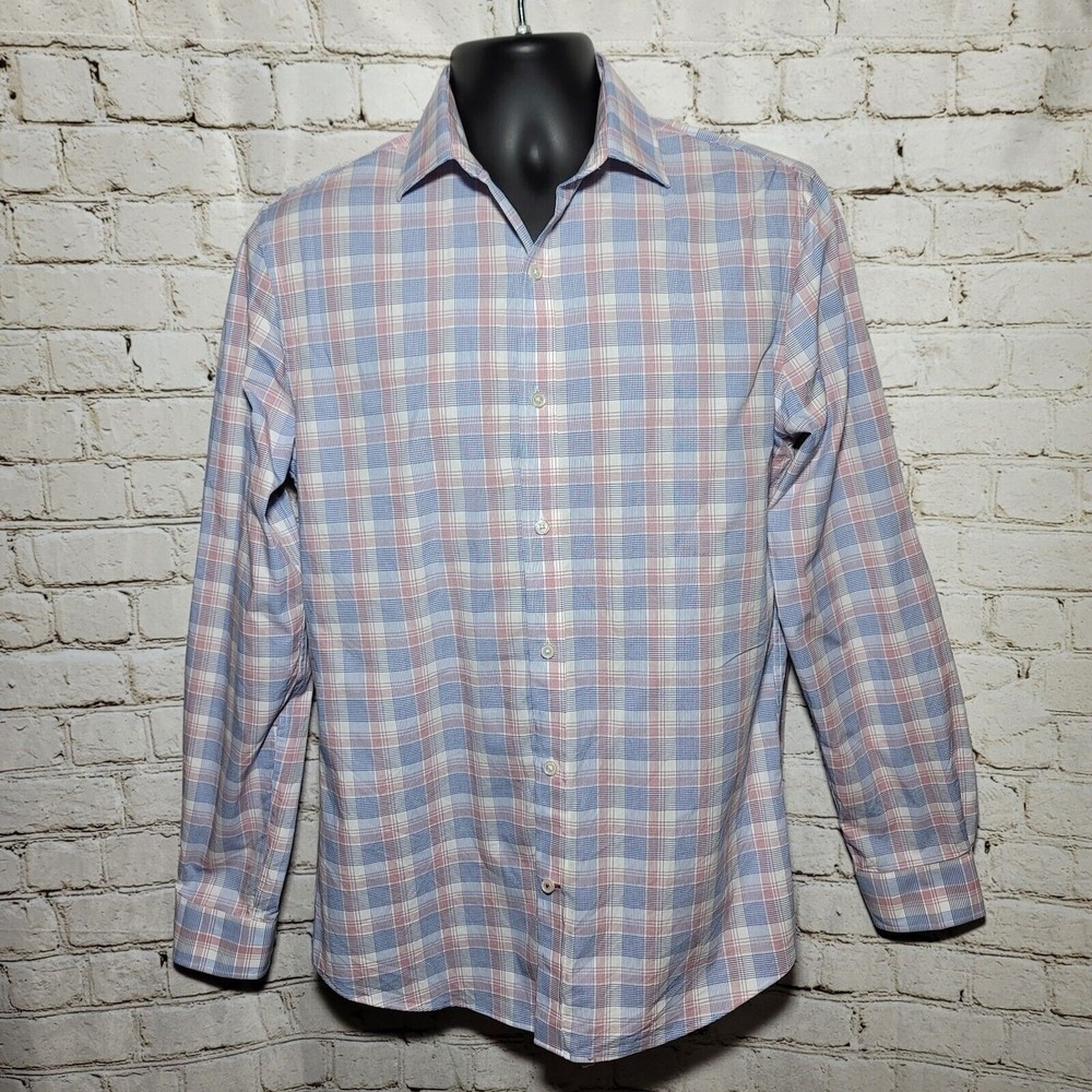 Tommy Hilfiger Mens Dress Shirt Size Medium Slim Fit Stretch Plaid Pink Blue